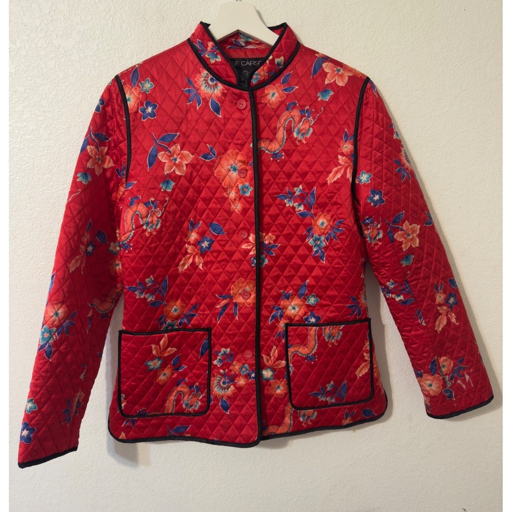 Anne Carson Womens Quilted Dragon Floral Jacket Red Black Trim Mandarin‎ Collar